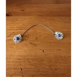 Vintage Sweater Guard Clip White Enamel Daisy Blue Rhinestone Gold Chain Retro